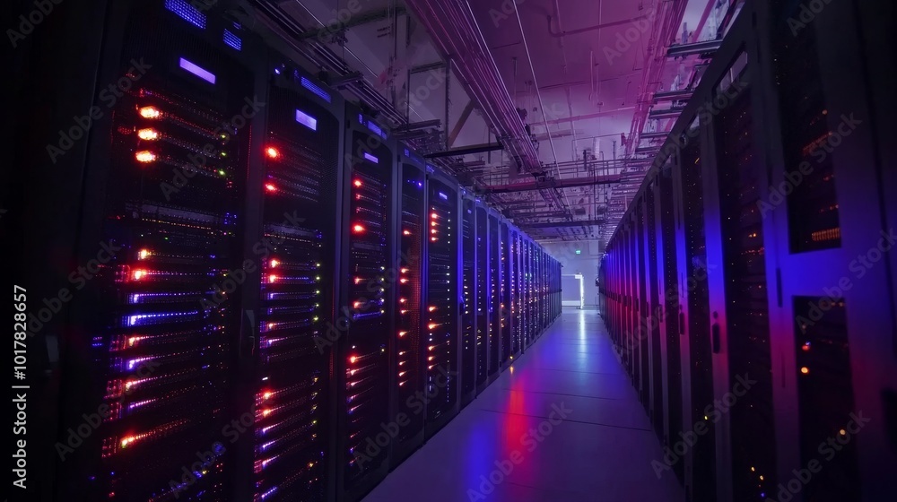 Poster a corridor lined with server racks illuminated by colorful lights, showcasing a high-tech data cente