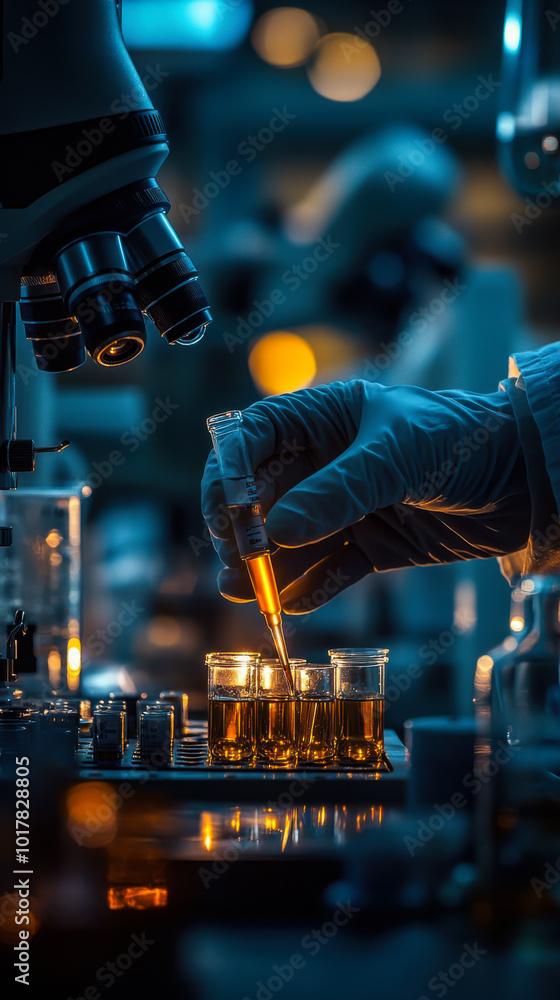 Poster scientist conducting experiments in a laboratory with test tubes and a microscope under bright light