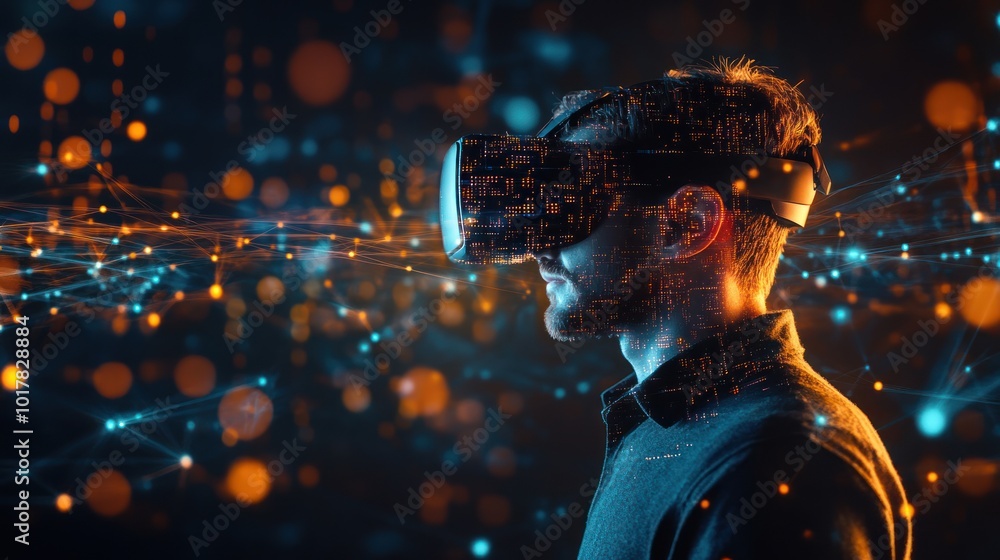 Poster a tech-savvy man wearing vr goggles, immersed in a digital environment with interconnected global ne