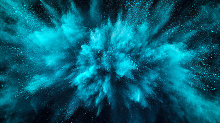 Fototapeta premium A blue-turquoise lush powerful explosion of powdery colors on a black background. A blue explosion of light and colors. The magical and mystical explosion