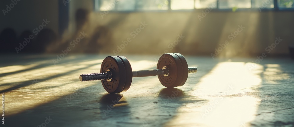 Poster a dumbbell lying on the floor of an empty gym, bathed in soft morning light. the focus is sharp and 