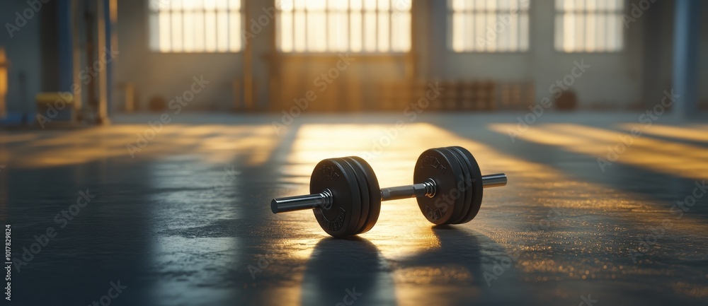 Poster a dumbbell lying on the floor of an empty gym, bathed in soft morning light. the focus is sharp and 
