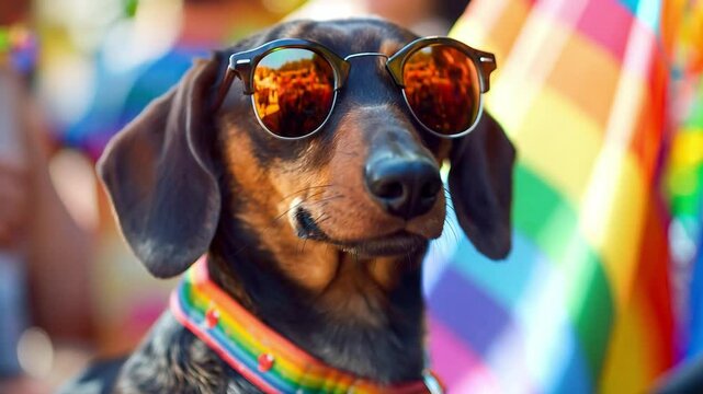 Fashionable dachshund dog in sunglasses at summer pride parade funny animal	