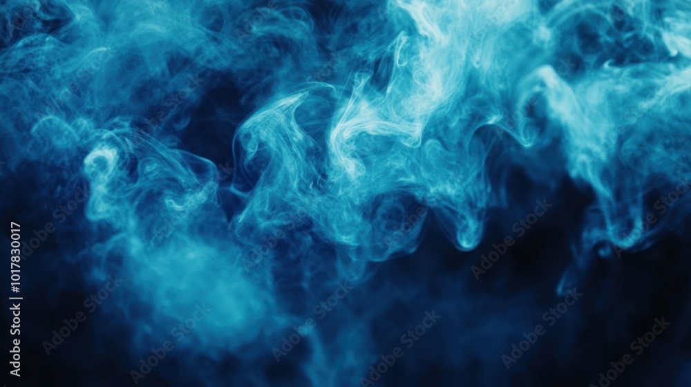 Poster abstract blue smoke or mist flowing and twisting on a dark background, adding a mysterious atmospher