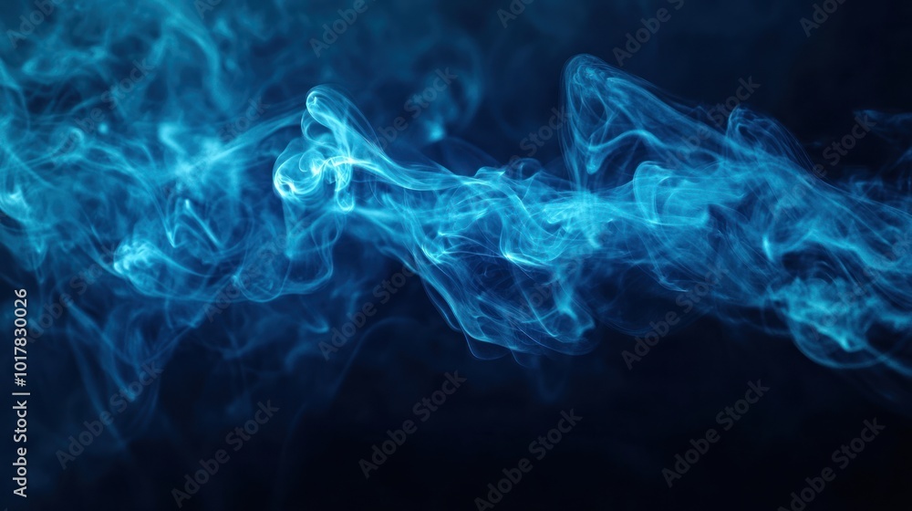 Poster abstract blue smoke or mist flowing and twisting on a dark background, adding a mysterious atmospher