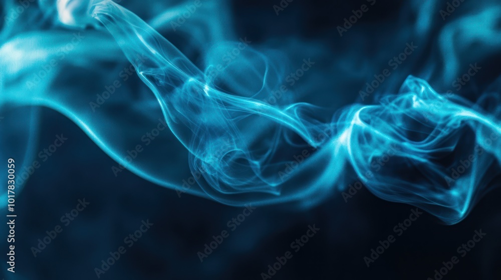 Poster abstract blue smoke or mist flowing and twisting on a dark background, adding a mysterious atmospher
