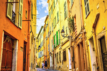 Fototapeta premium Colorful streets of the historic center of the city of Menton on the French Riviera, Cote d'Azur, France