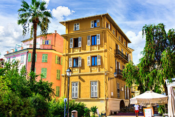Fototapeta premium Colorful streets of the historic center of the city of Menton on the French Riviera, Cote d'Azur, France