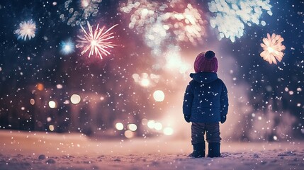 A child stands in the snow, eyes full of wonder as they witness their first fireworks display, colorful sparks lighting up the winter sky.