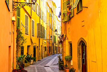 Colorful streets of the historic center of the city of Menton on the French Riviera, Cote d'Azur, France