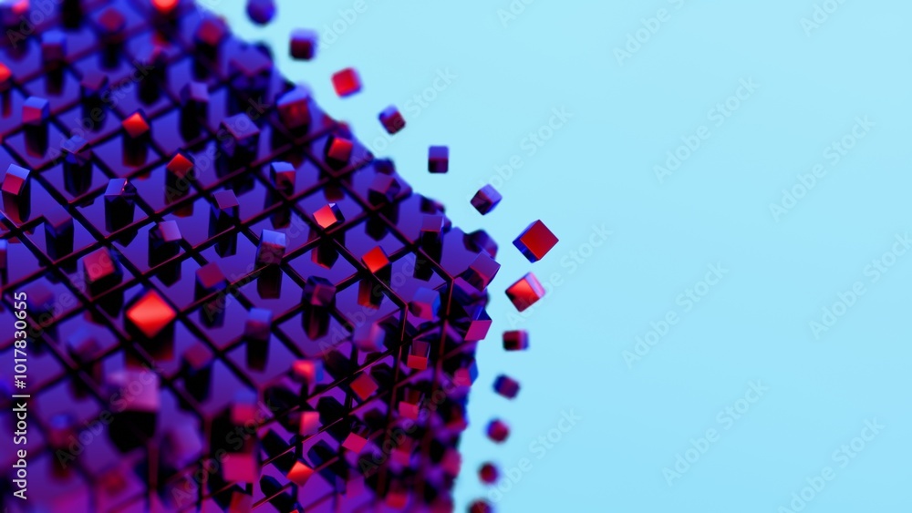 Poster Abstract 3D cubes disintegrating against a blue background..