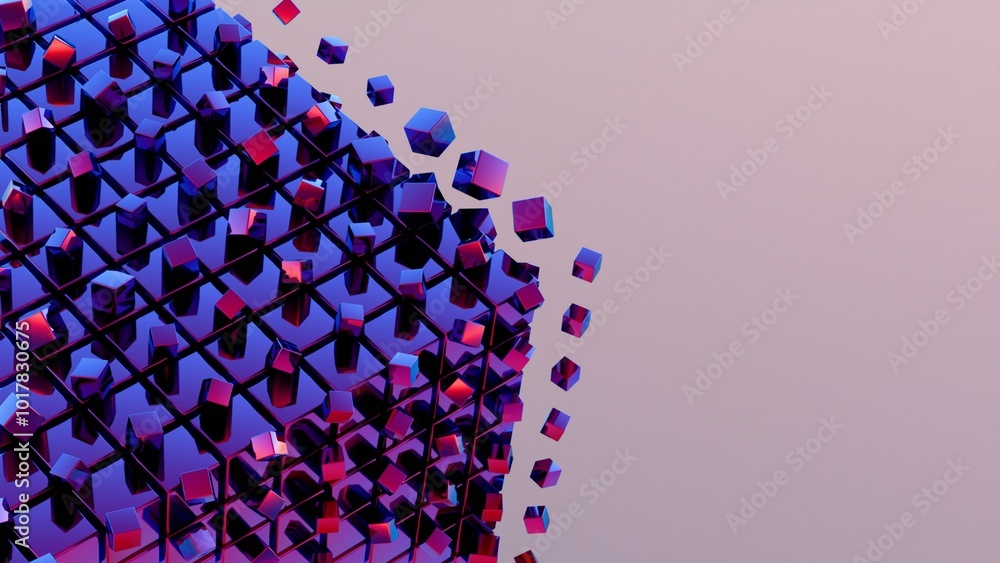 Poster Abstract 3D cubes disintegrating against a blue background..