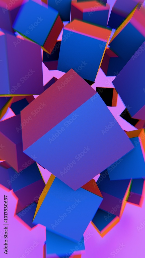 Poster Abstract floating cubes with vibrant colors on a pink background..
