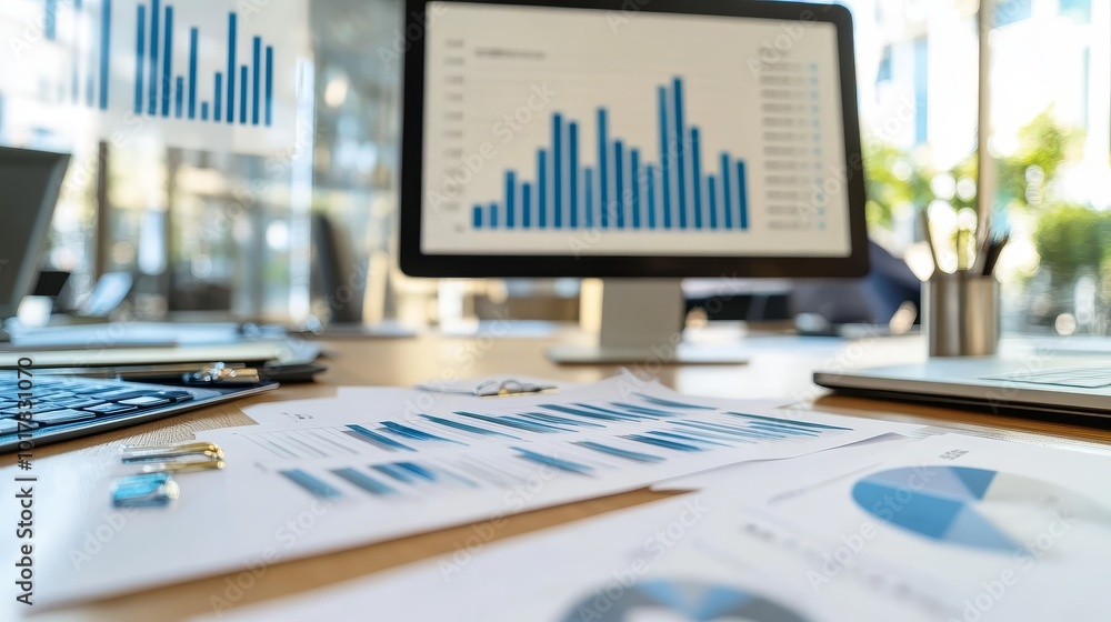 Poster a modern office workspace featuring charts and graphs displayed on a computer and printed reports on