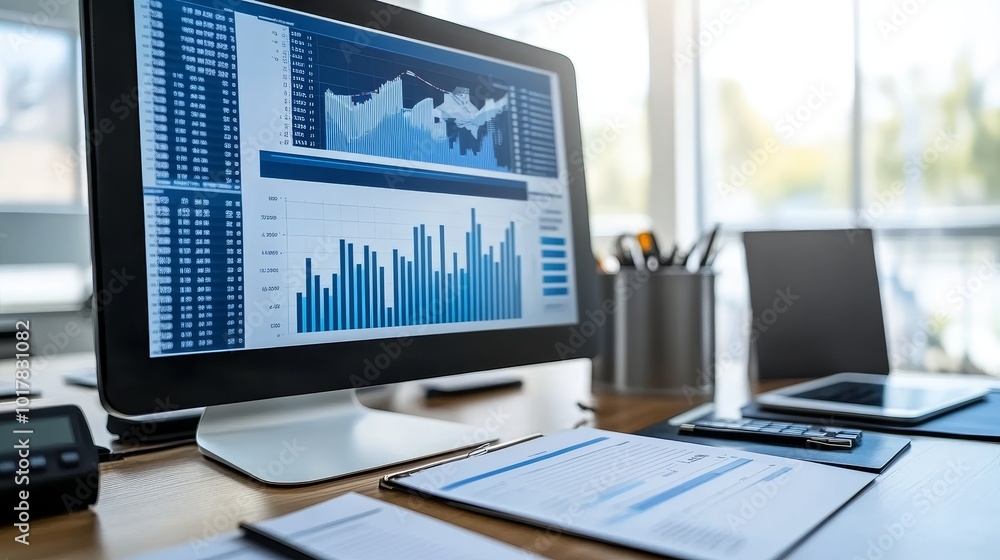 Poster a modern workspace featuring a computer displaying financial data and charts, emphasizing business a