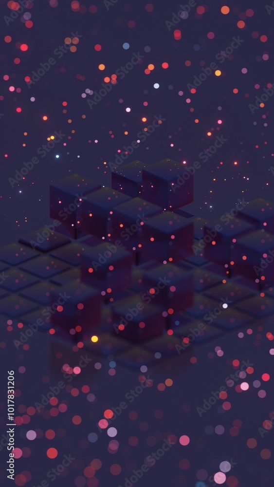 Poster Abstract composition with glowing cubes and bokeh particles..