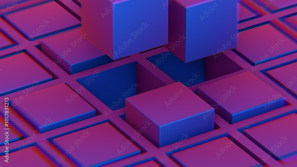 Poster Abstract composition with blue and pink cubes and grid structure..