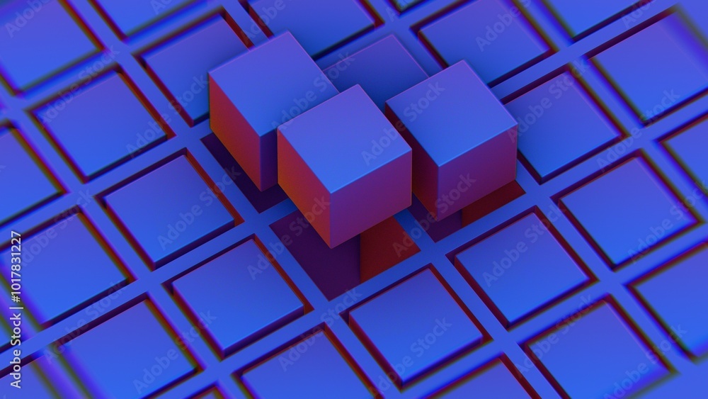 Poster Abstract composition with blue and pink cubes and grid structure..