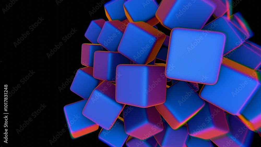 Poster abstract cluster of blue and pink cubes against a black background..