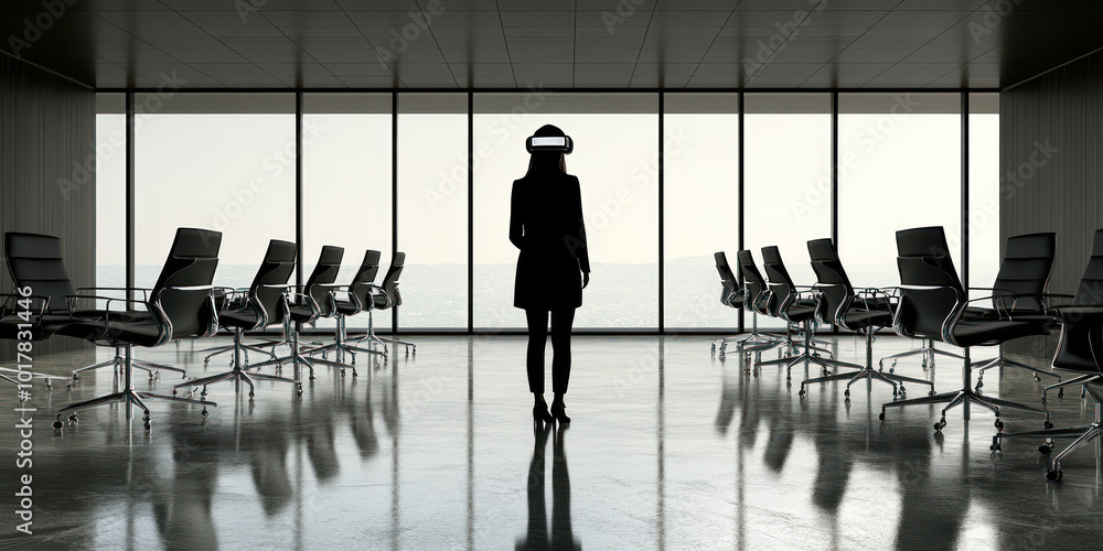 Poster A silhouetted figure wearing a VR headset stands in a modern conference room with panoramic views.