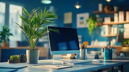 A modern office workspace featuring a computer, plant, and organized supplies, promoting productivity and creativity.