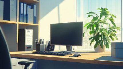 A bright office workspace featuring a computer, plant, and organized supplies, emphasizing productivity and comfort.