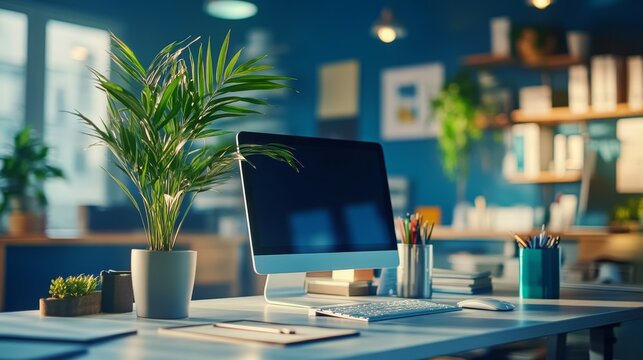 A modern office workspace featuring a computer, plant, and organized supplies, promoting productivity and creativity.