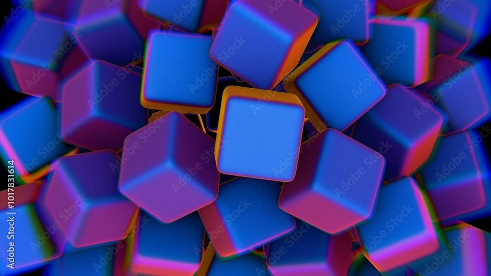 Poster abstract cluster of blue and pink cubes against a black background..