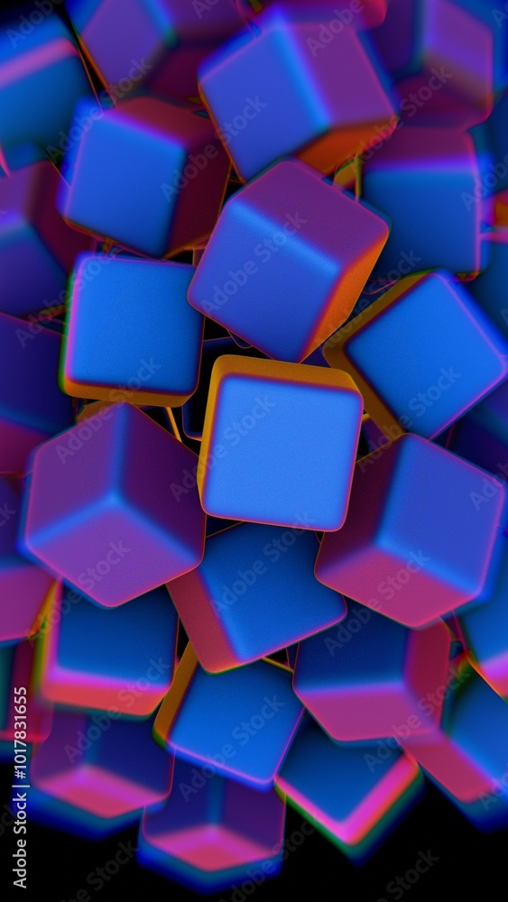 Poster abstract cluster of blue and pink cubes against a black background..