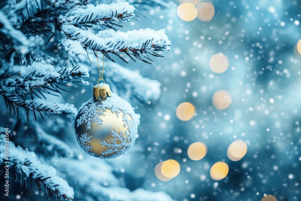 Poster ornate golden christmas ornament hanging from a snow-covered pine branch with soft bokeh lights in t