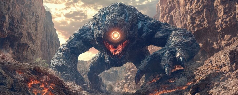 A gigantic cyclops with a single glowing eye, smashing through a rocky canyon in pursuit of its prey