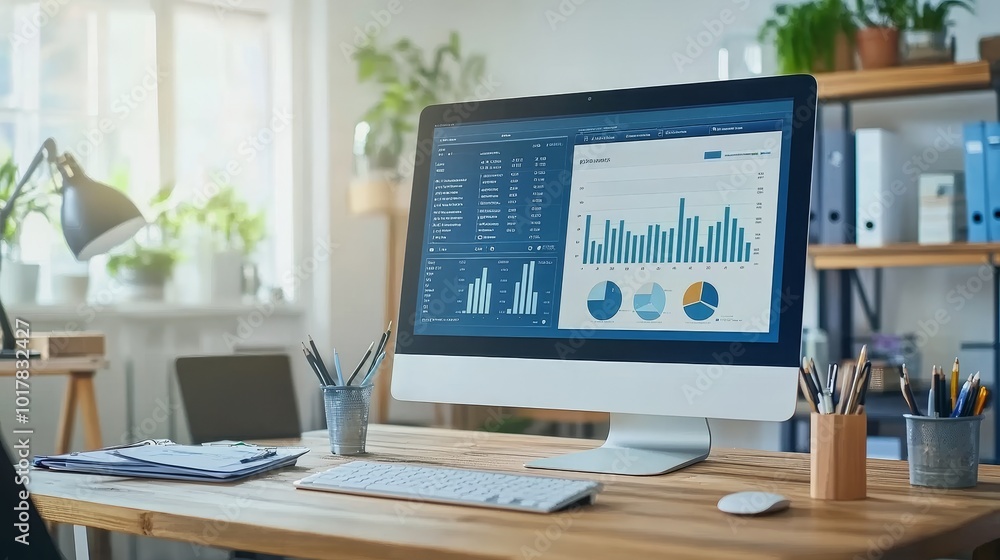 Poster a modern workspace featuring a computer displaying data analytics and charts, emphasizing productivi