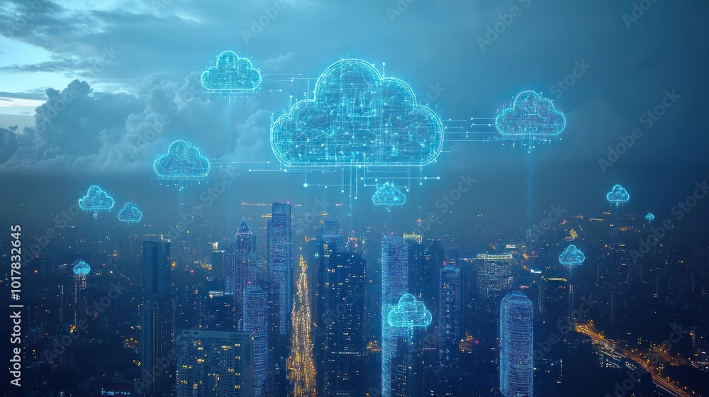 Aufkleber aerial view of a city skyline with glowing lines representing cloud data flow and connectivity acros