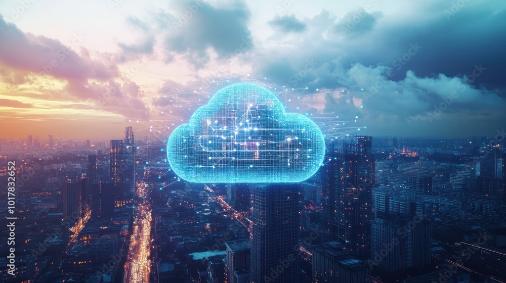 Poster aerial view of a city skyline with glowing lines representing cloud data flow and connectivity acros