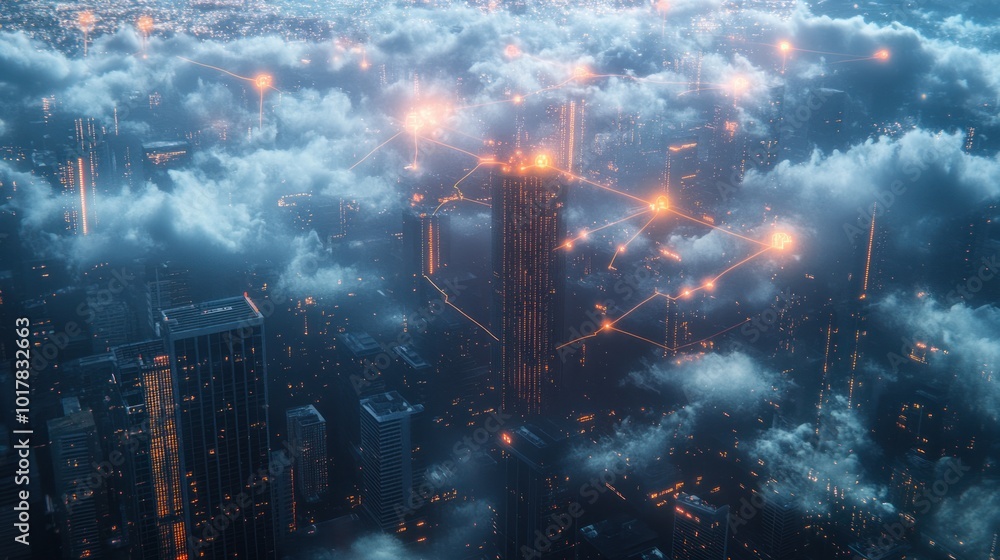 Poster aerial view of a city skyline with glowing lines representing cloud data flow and connectivity acros