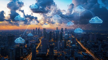 Aerial view of a city skyline with glowing lines representing cloud data flow and connectivity across buildings and infrastructure