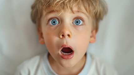 A surprised child, a five-year-old boy with an open mouth and big eyes portrait