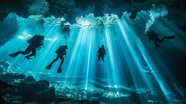 a group of divers, underwater view, diving into the depths of the cave in the rays of light, diving training at sea