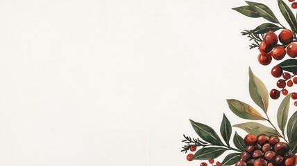 A decorative illustration featuring various red berries and green leaves on a light background, evoking a natural and seasonal theme.