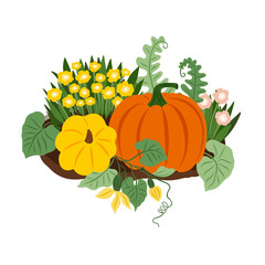 Vector pumpkin patch with yellow and pink flowers, leaves, autumn composition. Holiday greeting card, Thanksgiving day, autumn garden