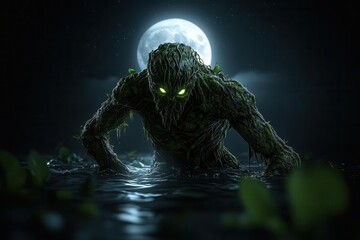 A grotesque swamp creature with moss-covered skin and glowing eyes, emerging from murky waters under a full moon