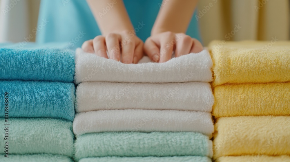 Poster folded towels in neat stacks displaying a range of soft pastel colors in a clean environment, ai