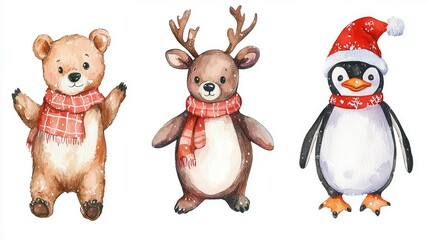 Obraz premium Cute winter animals: a bear, reindeer, and penguin, all wearing scarves, adding a festive touch to the holiday season.