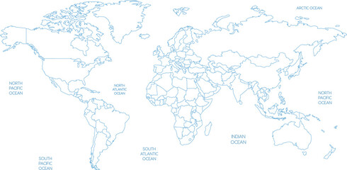 Outline World Map with Oceans Vector Illustration