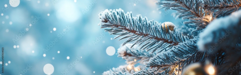 Poster winter holiday scene featuring frosted evergreen branches adorned with glowing lights and soft falli