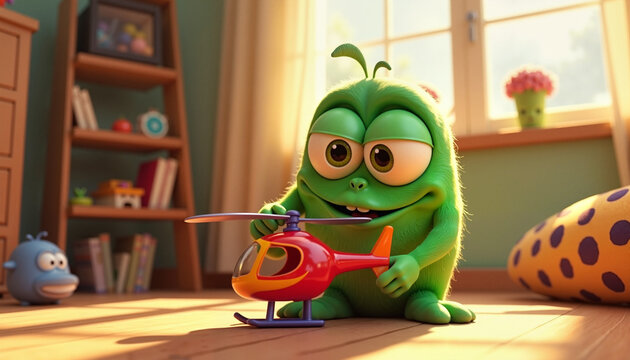 Cute Green Monster Playfully Holding Toy Helicopter in Cozy Sunlit Room