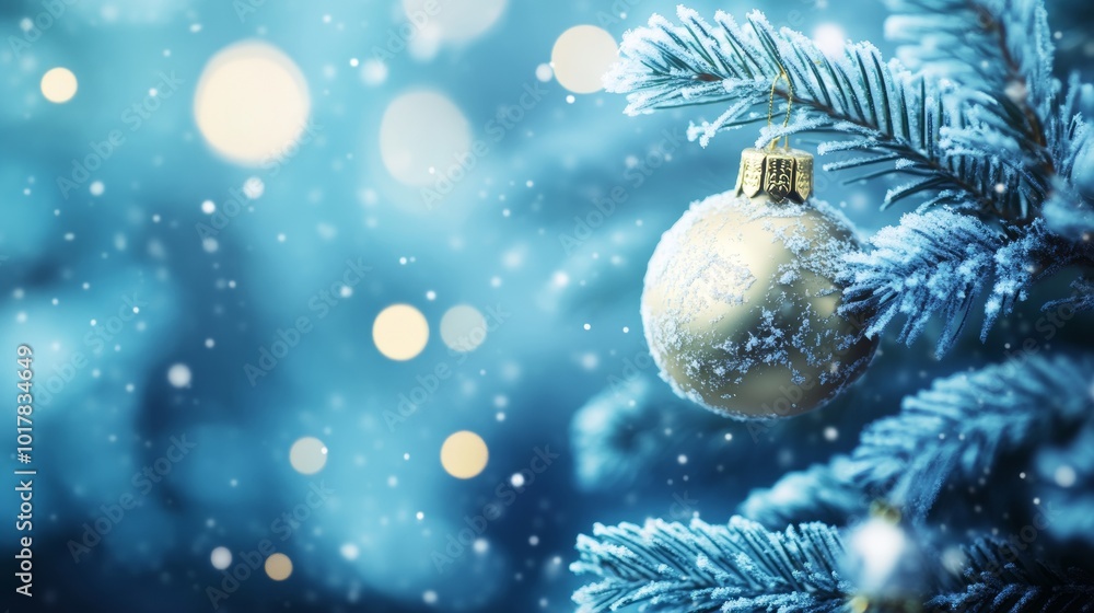 Poster snow-covered christmas tree ornament sparkling in winter glow with soft bokeh lights and falling sno