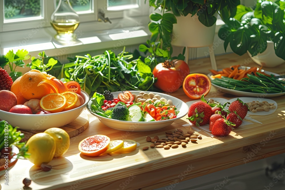 Poster A wooden table is adorned with an array of colorful fruits, vegetables, nuts, and nutritious meals, creating a healthy culinary setting. Generative AI