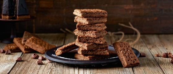 Stack of Chocolate Cookies on a Wooden Table