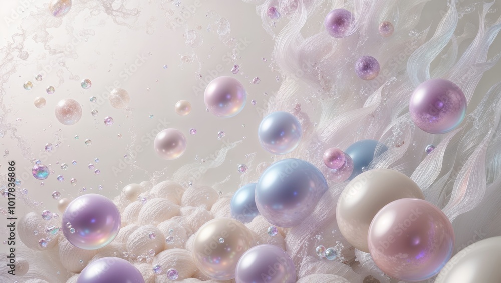 Wall mural Abstract background with white, pink, and blue iridescent pearls.